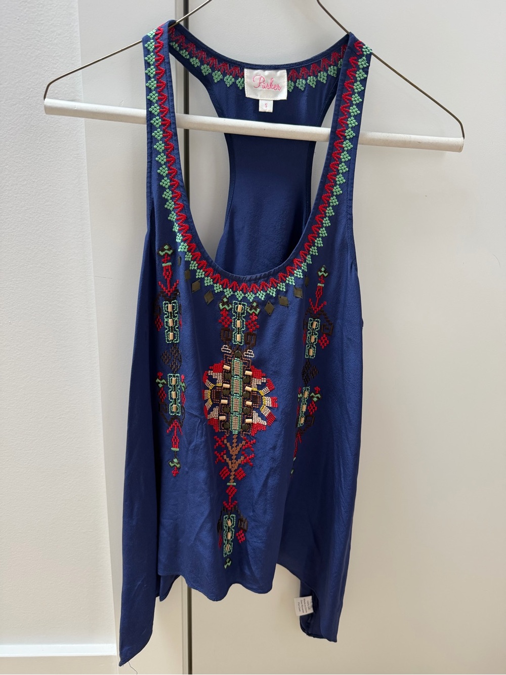 Parker Navy Embroidered Racerback Tank with Red & Green Accents